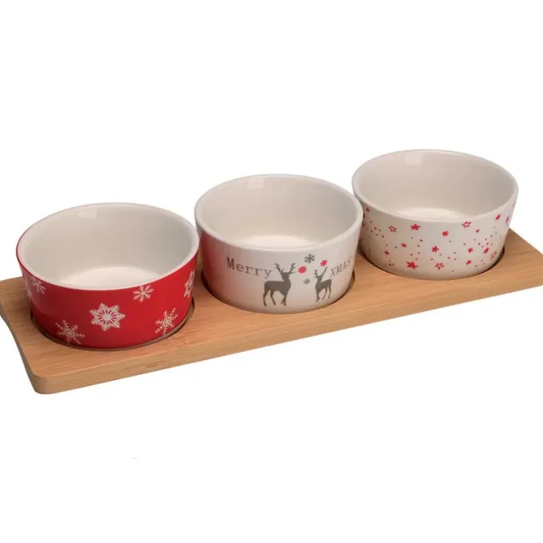 3 bols porcelaine Noël 8x4cm + plateau bambou 29x12cm