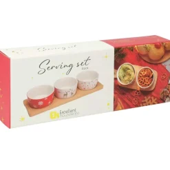 3 bols porcelaine Noël 8x4cm + plateau bambou 29x12cm