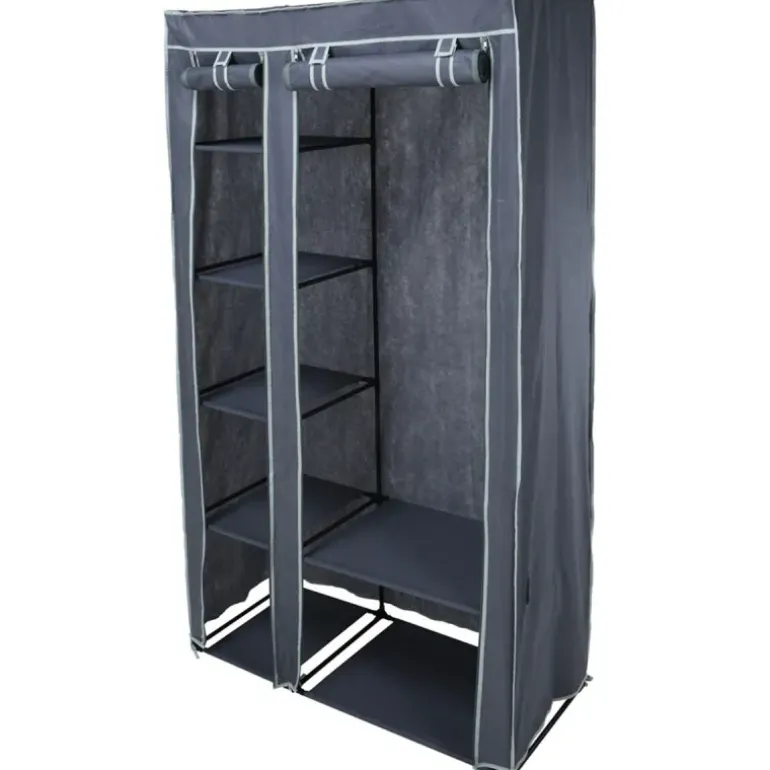 Armoire en tissu 5 étagères grises avec barre de penderie - 100x46x174 cm