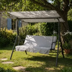 Balancelle d'extérieur 3 places noire et blanche avec toit ajustable