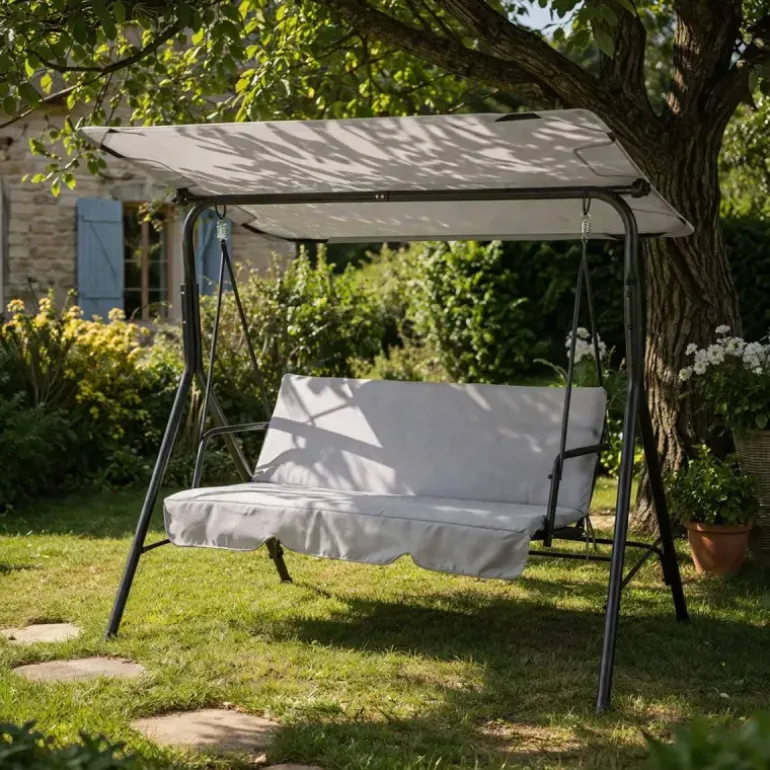 Balancelle d'extérieur 3 places noire et blanche avec toit ajustable
