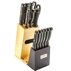 Bloc couteaux steak 15 pièces bois pin acier inox 420 ciseaux
