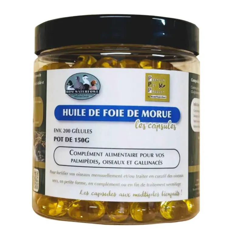 Capsules d'huile de foie de morue 150g - Fortifiant pour oiseaux et palmipèdes
