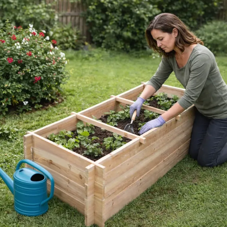 Carré potager rectangulaire en bois de sapin 140x40x60 cm avec géotextile