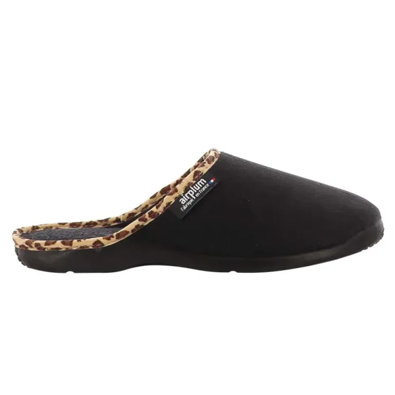 Chaussons mules Tara noirs effet pêche bordure léopard textile