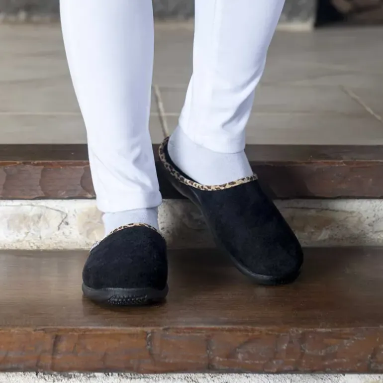 Chaussons mules Tara noirs effet pêche bordure léopard textile