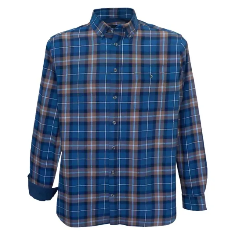 Chemise Homme Manches Longues en Flanelle à Carreaux Bleu et Marron - Coupe Droite