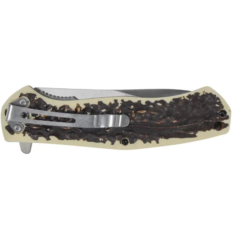 Couteau chasse pliant lame acier inox 9cm manche imitation corne