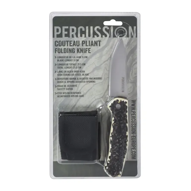 Couteau chasse pliant lame acier inox 9cm manche imitation corne
