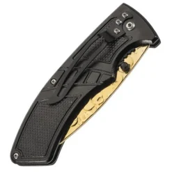 Couteau lame acier doré tête de mort manche bois acier 12cm