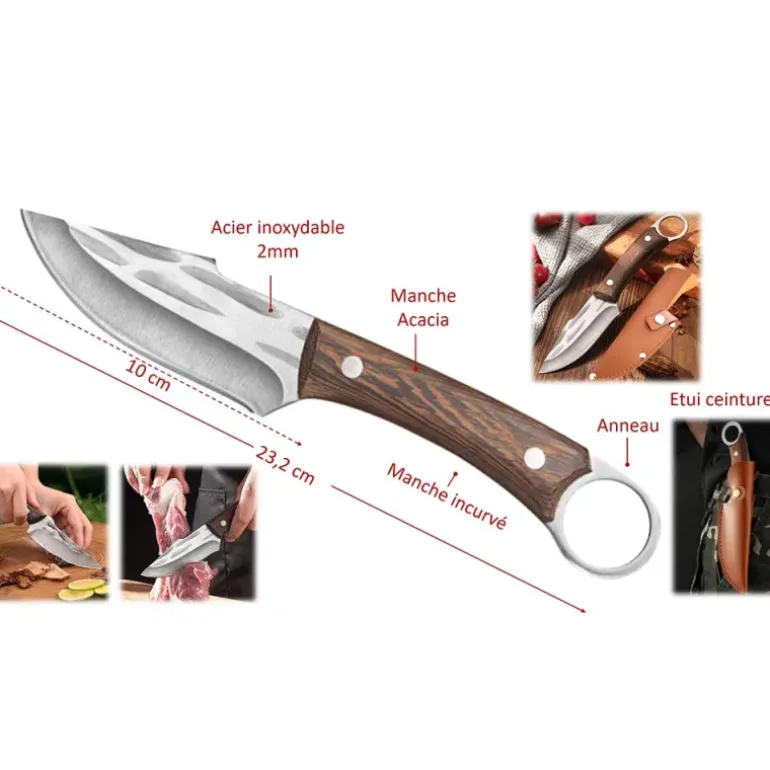 Couteau Nordique lame acier inox 10cm manche acacia avec étui