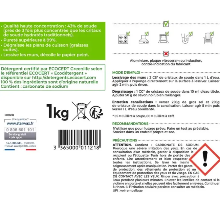 Cristaux de soude 100% naturels extra purs - 1kg Starwax