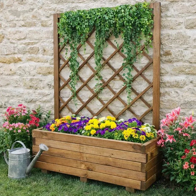 Jardinière bois autoclave classe 3 avec treillis 90x31x140cm