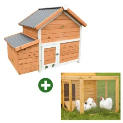 Kit Poulailler 3 poules Bois Confort toit plastique + Enclos