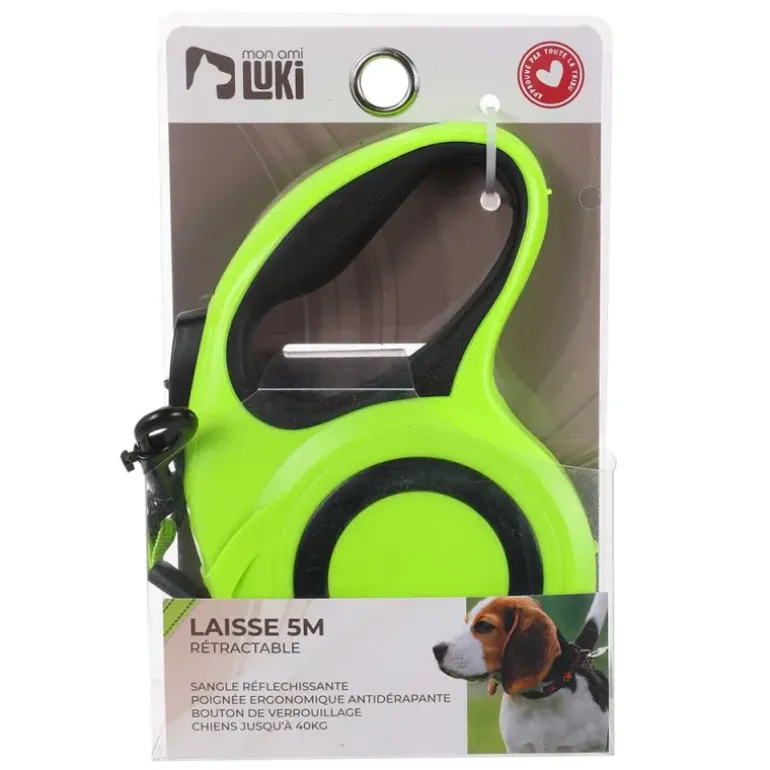 Laisse rétractable 5m sangle réfléchissante chien 40kg jaune