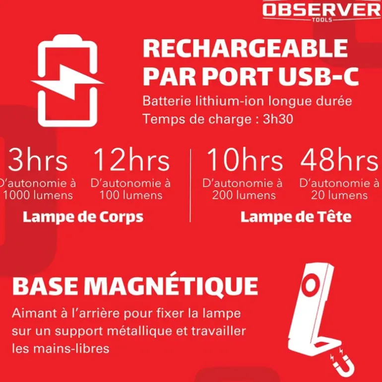 Lampe de travail SLIM OBSERVER - Rechargeable USB-C 1000 Lumens