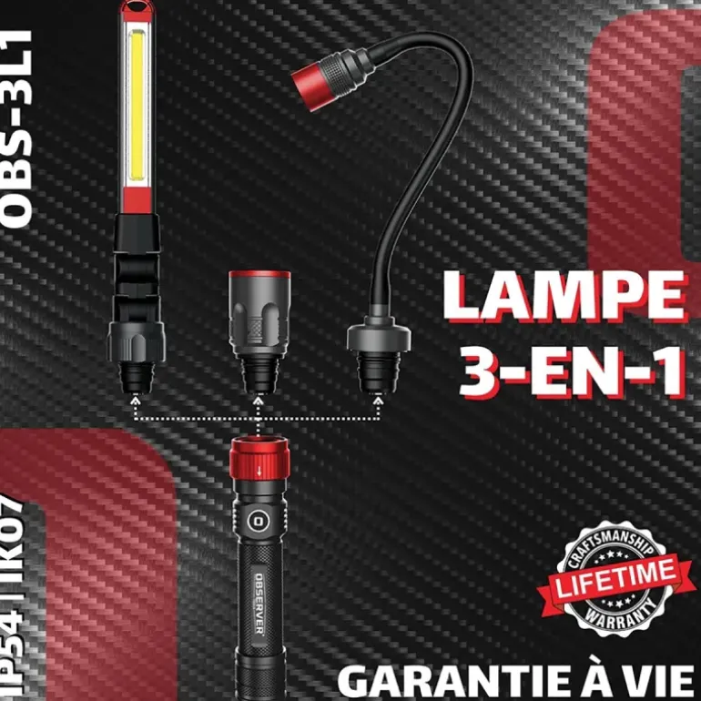 Lampe 3-en-1 OBSERVER - Torche, Barre d'Inspection & Tête Flexible 1000 Lumens