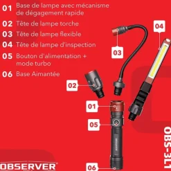 Lampe 3-en-1 OBSERVER - Torche, Barre d'Inspection & Tête Flexible 1000 Lumens
