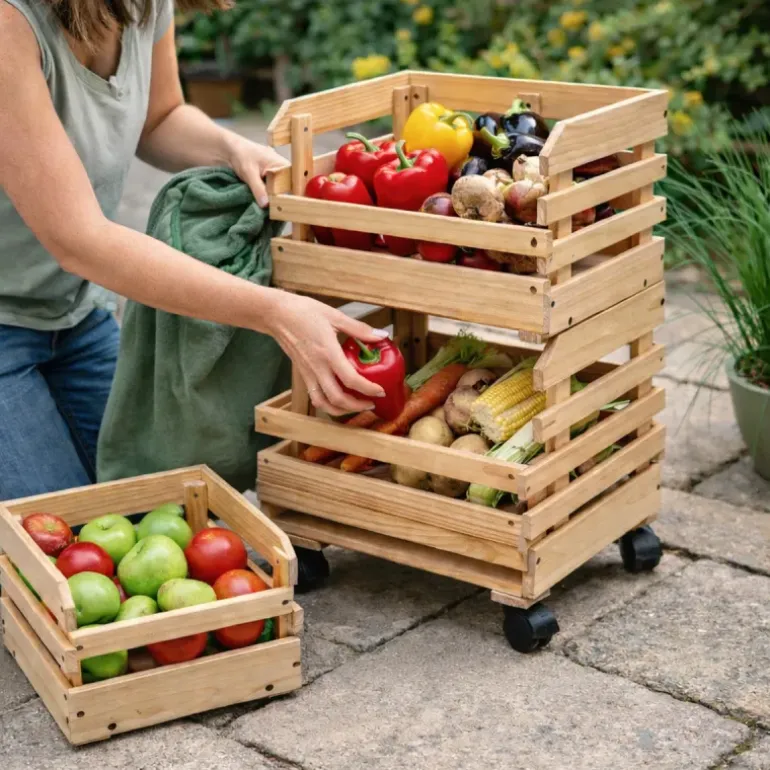 Lot de 3 caisses à fruits et légumes en bois de pin sur roulettes - 37x30x80 cm