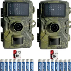 Lot de 2 caméras chasse 12 MP camouflage LEDs invisibles + 16 piles + 2 cartes SD