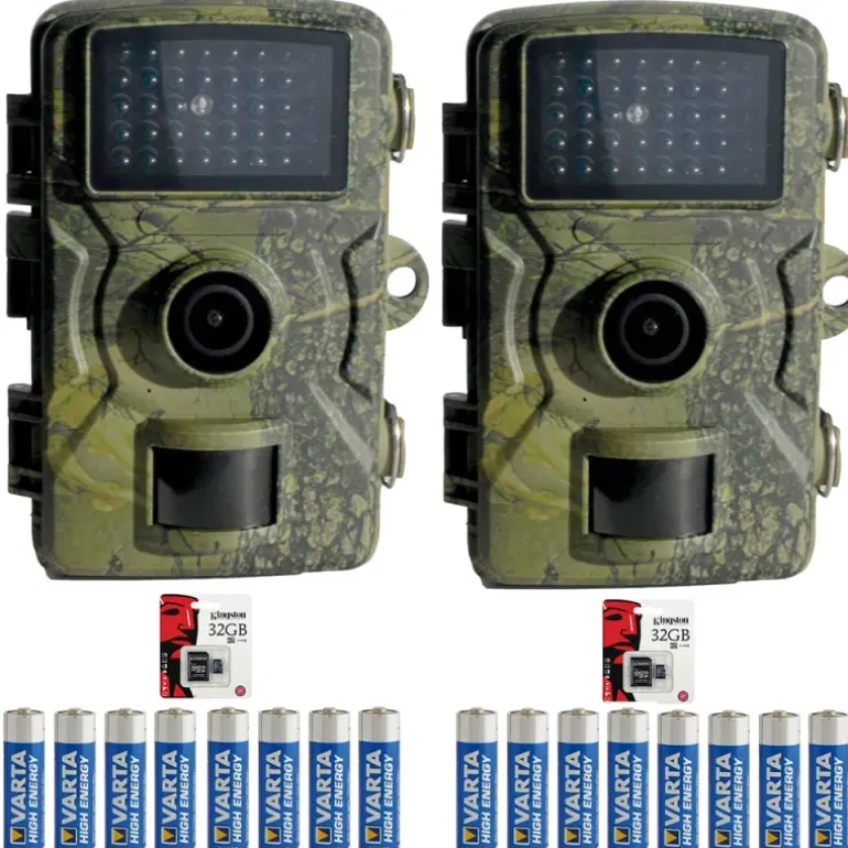 Lot de 2 caméras chasse 12 MP camouflage LEDs invisibles + 16 piles + 2 cartes SD