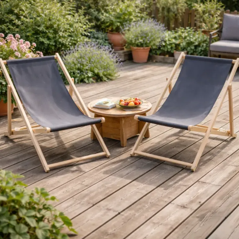 Lot de 2 Chiliennes en Toile de Coton Grise - Structure Bois de Pin