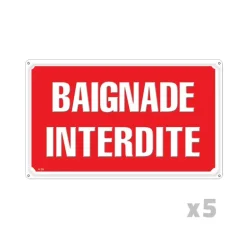 Lot de 5 panneaux BAIGNADE INTERDITE Alu 30x20cm