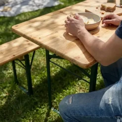 Lot de 2 Tables Extérieure en Pin Massif 177 cm avec 4 Bancs Bois / métal