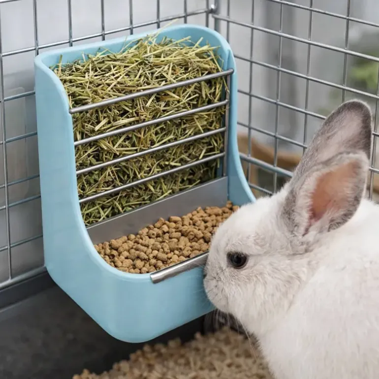 Mangeoire lapin avec râtelier double usage grain et foin