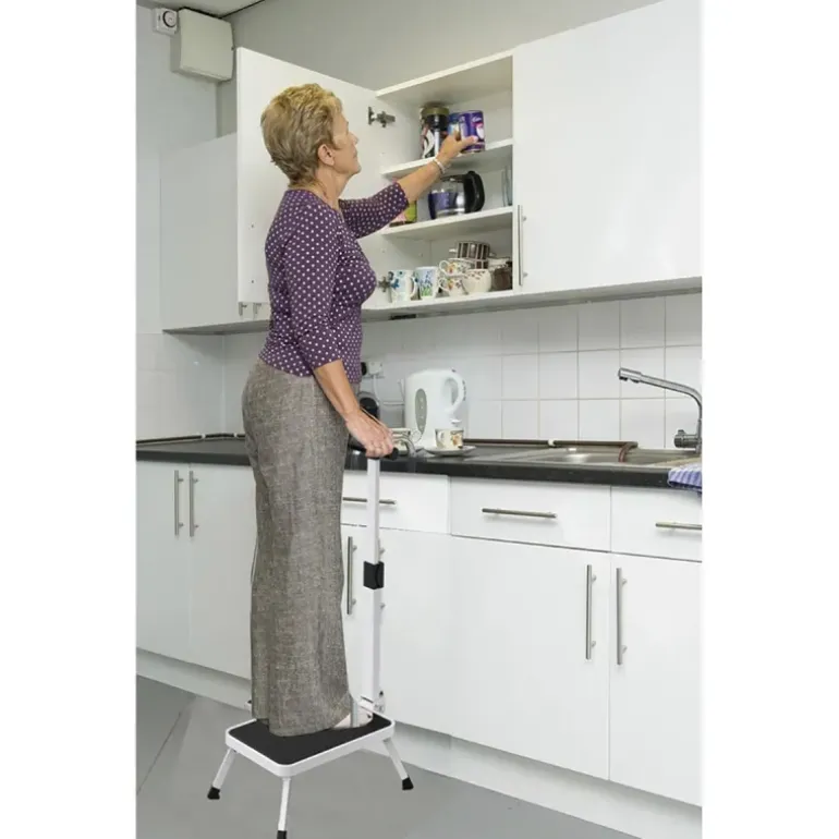 Marchepied sécurisé pliable avec barre d'appui - Hauteur 17 cm - Acier blanc