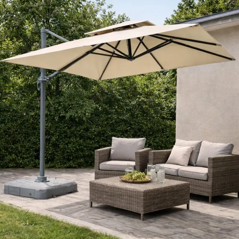 Parasol carré déporté pivotant alu toile 220 g/m² beige 3 X 3 M