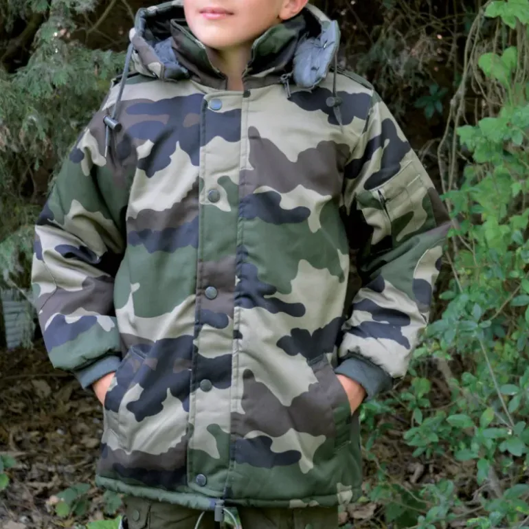 Parka matelassée capuche 4 poches polyester coton camo 6 à 16 ans