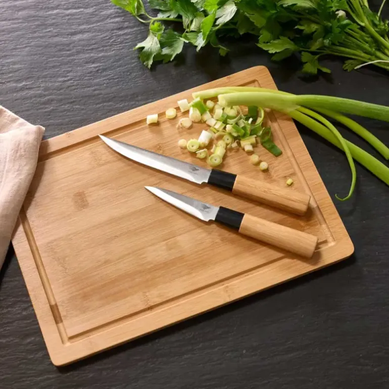 Planche à découper + 2 couteaux inox 3cr14 12,7cm et 7,6cm