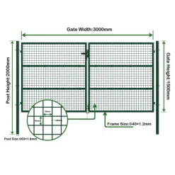 Portail 2 vantaux grillagé 3x1,5m - Maille 50mm - Vert