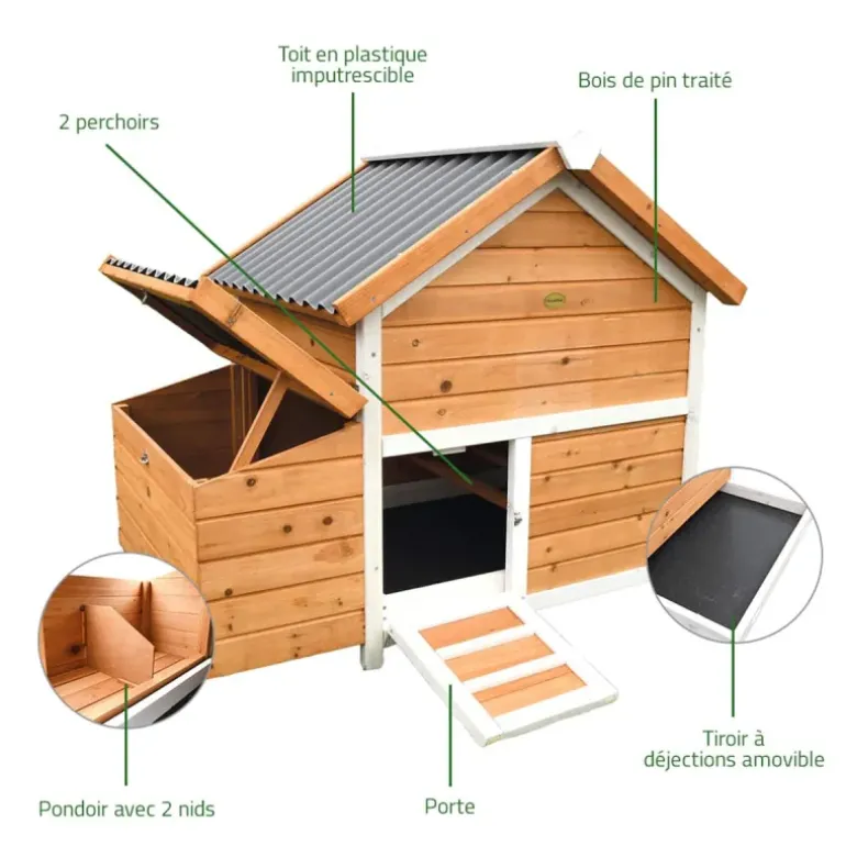 Poulailler bois 3 poules Confort toit plastique 112 x 77 x 92 cm