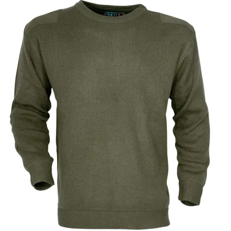 Pull Commando Kaki 100% Acrylique Col Rond Renforts Épaules