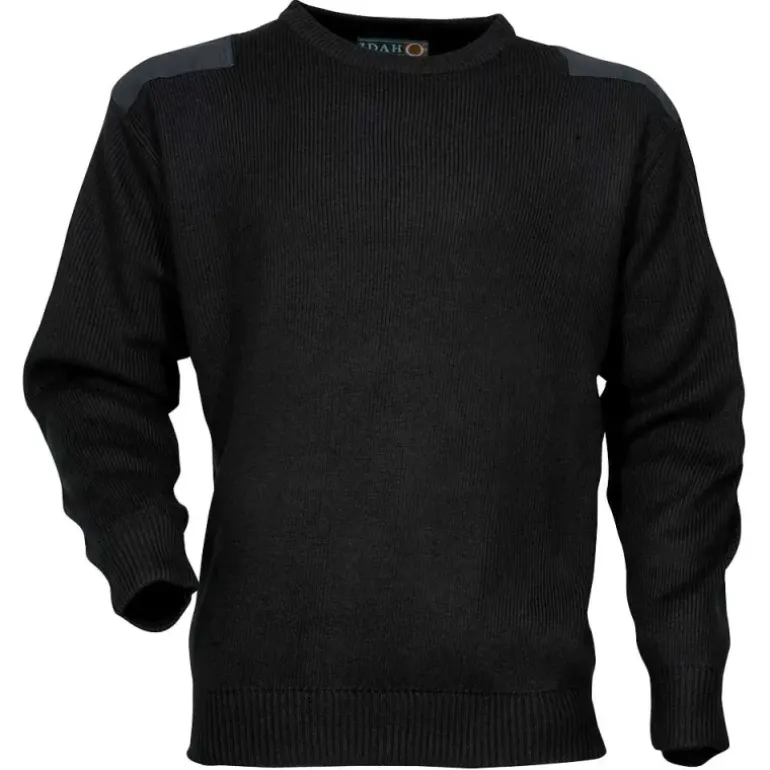 Pull commando noir 100% acrylique col rond renforts épaules coudes