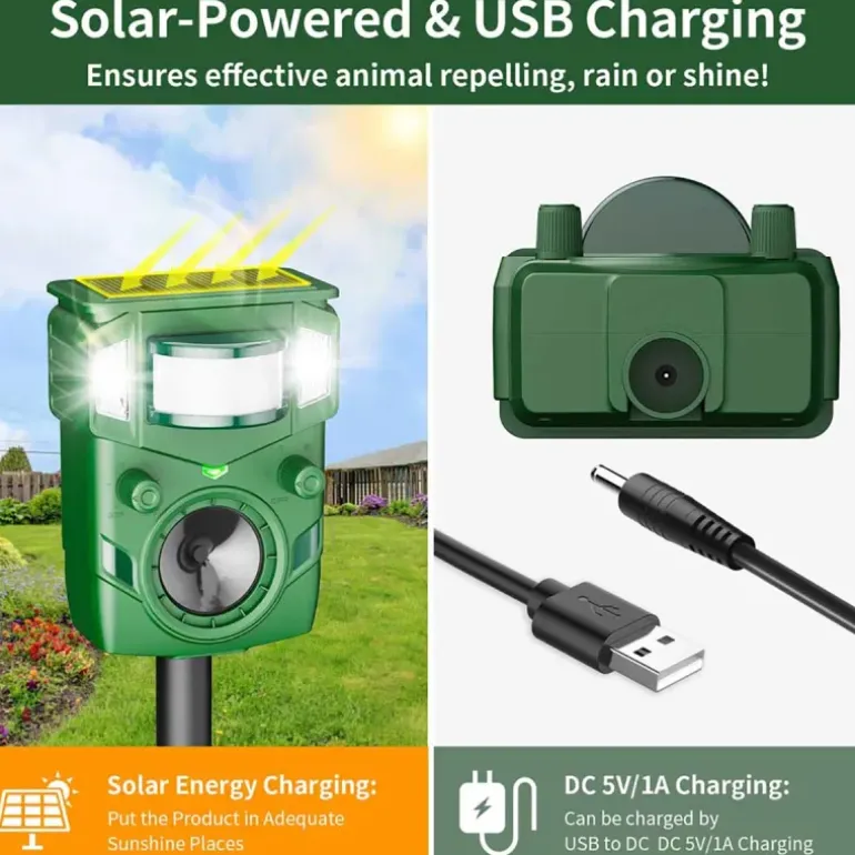 Répulsif Électronique à Ultrasons et Flash Anti-Nuisibles - Portée 8m - Solaire/USB