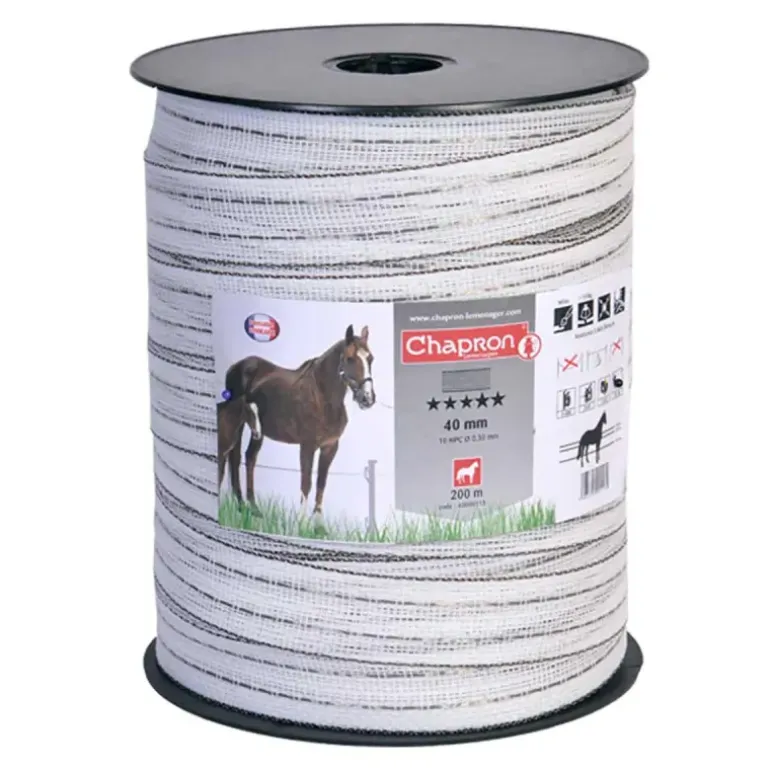 Ruban électrifié 40mm blanc liseré marron - 200m - Spécial cheval - CHAPRON LEMENAGER