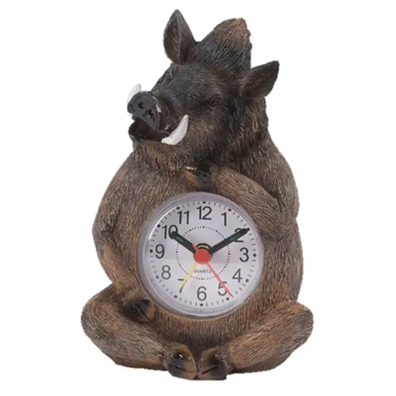 Réveil Sanglier assis avec cadran, en résine 14cm