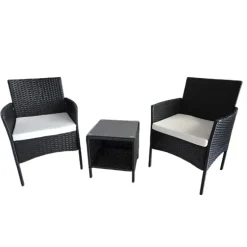 Salon de jardin 2 fauteuils et table basse tressée noir