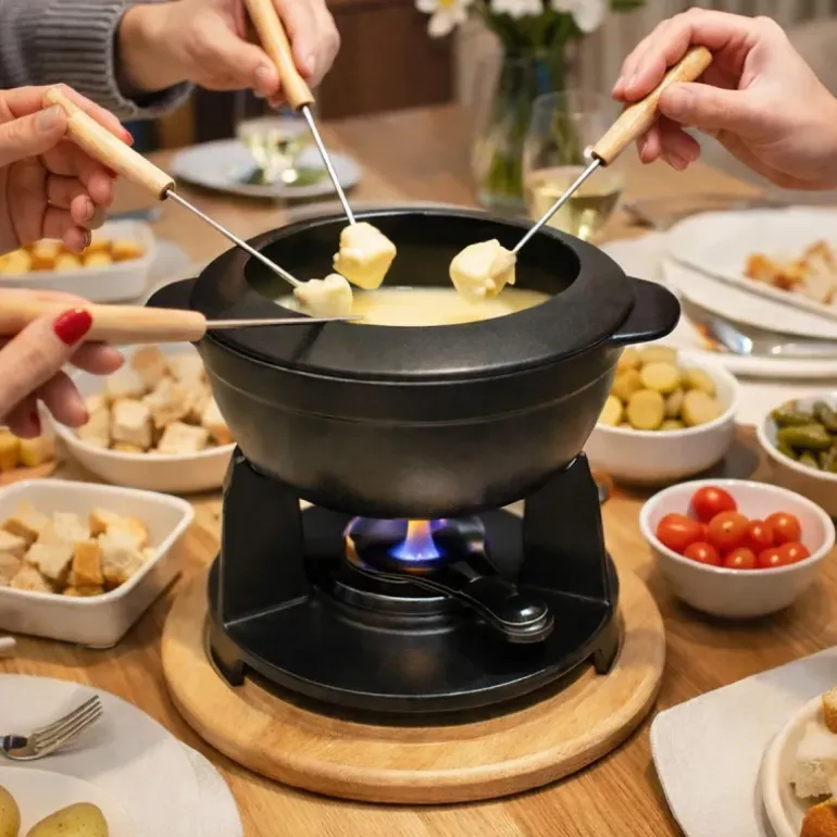 Service à fondue noir mat CLASSIC avec caquelon réchaud fourchettes