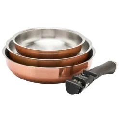 Set 3 poêles acier inox 20/24/26cm + manche amovible 496-816g