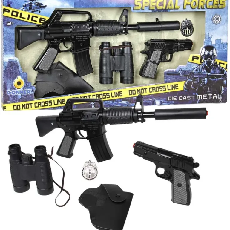 Set police enfant 5 accessoires mitraillette pistolet jumelles