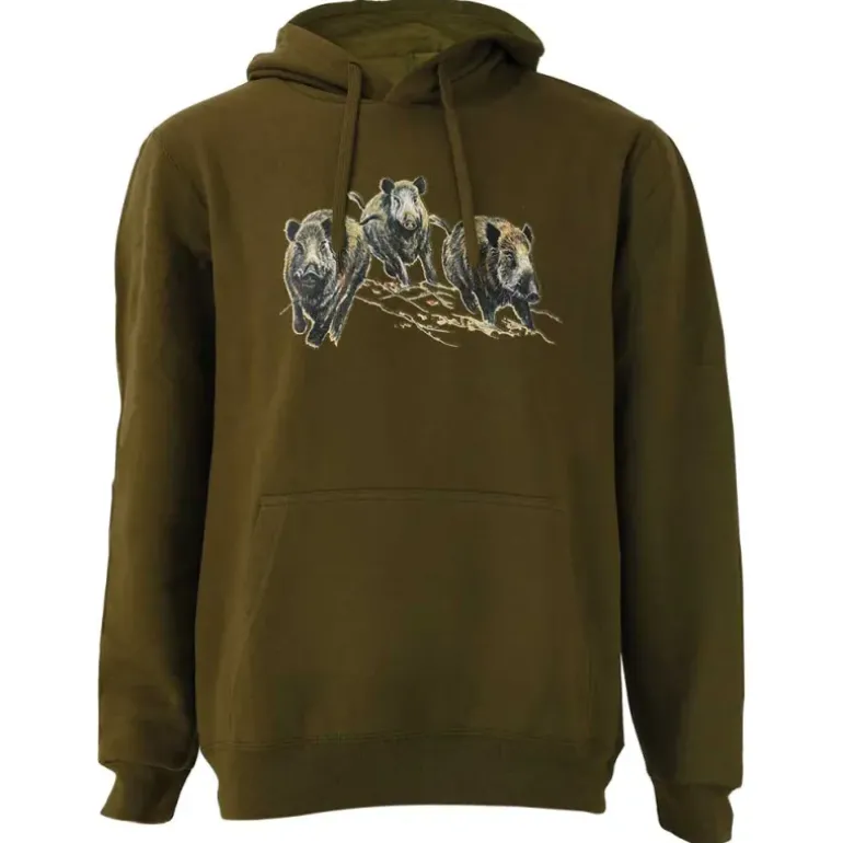 Sweat à capuche 3 sangliers coton polyester kaki M à 3XL