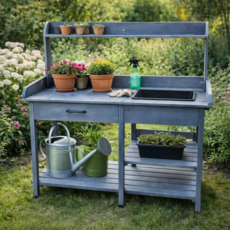 Table de rempotage en bois avec bac plastique - 114x46x120cm