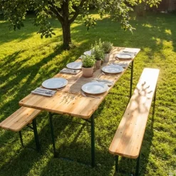 Table Extérieure en Pin Massif 177 cm avec 2 Bancs Bois / métal