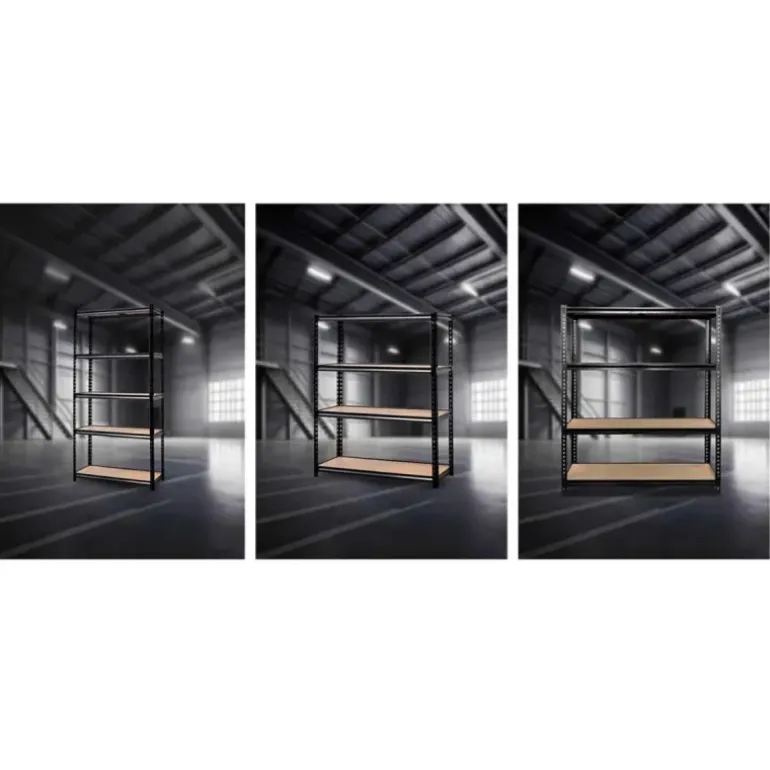 Étagère à rivets noire 5 niveaux 90x40x180cm - Structure robuste en acier et MDF