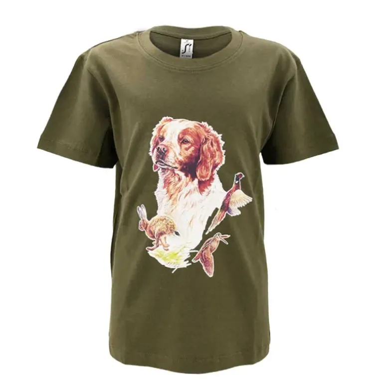 T-shirt enfant scène de chasse 100% coton kaki 6 à 12 ans